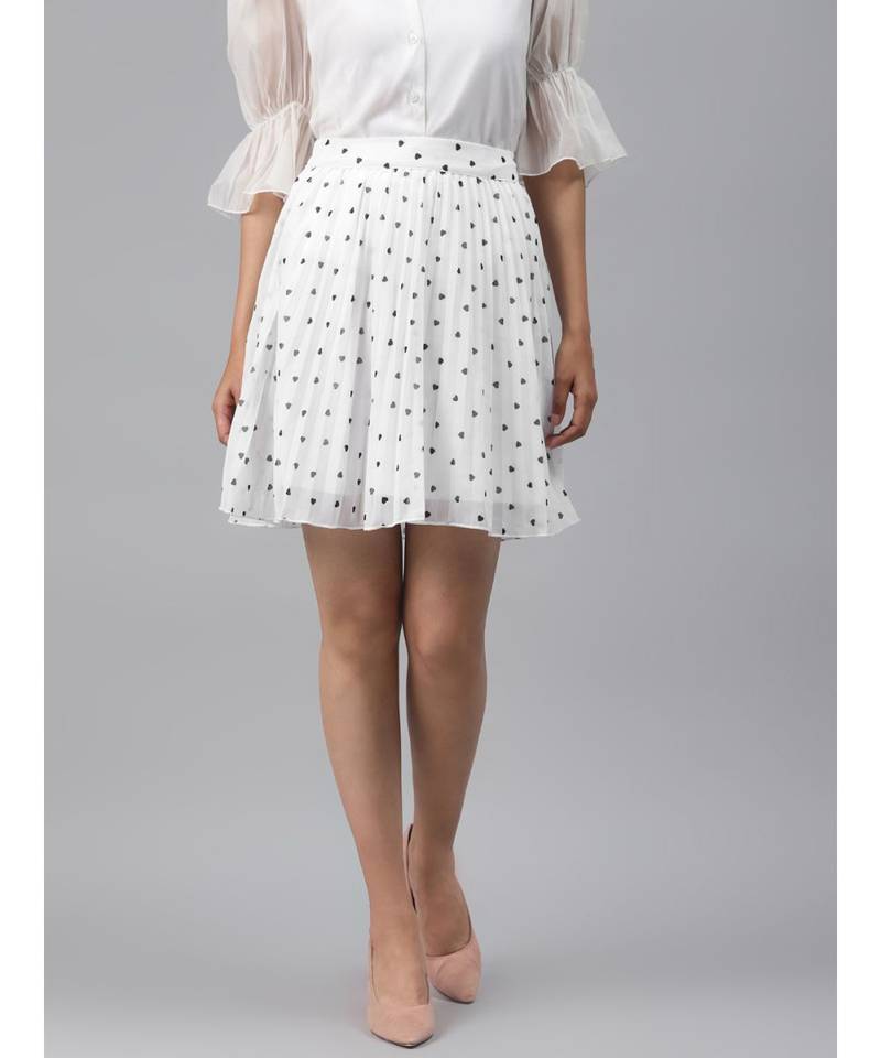 White Pleated Mini Skirt with Black Hearts