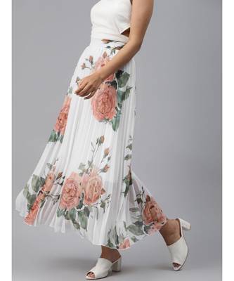 White Floral Pleated Maxi Skirt 2