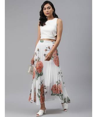 White Floral Pleated Maxi Skirt 4