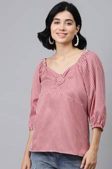 Red Stripes Puff Sleeves Top