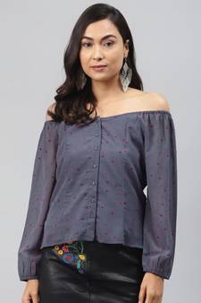 Blue Flock Print Boat Neck Top
