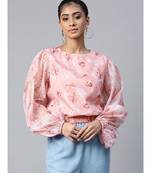 Pink Floral Balloon Sleeve Crop Top