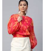 Fuchsia Floral Balloon Sleeve Crop Top