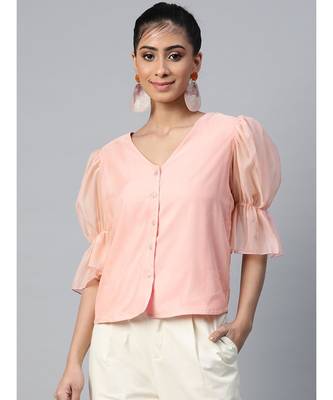 Pastel Pink Front Button Puff Sleeve Top 1