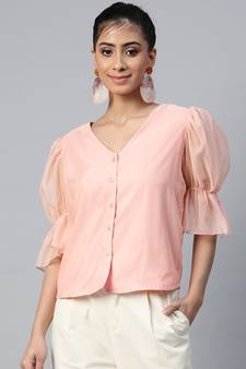 Pastel Pink Front Button Puff Sleeve Top