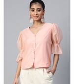 Pastel Pink Front Button Puff Sleeve Top