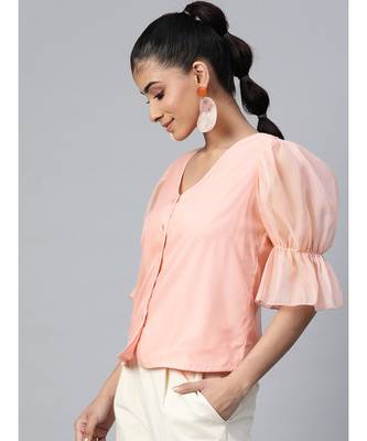 Pastel Pink Front Button Puff Sleeve Top 2