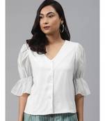 Off White Front Button Puff Sleeve Top