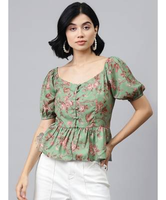 Green Floral Front Button Peplum Top 1