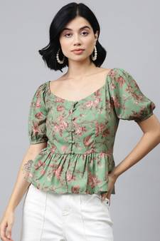 Green Floral Front Button Peplum Top