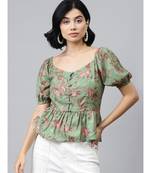 Green Floral Front Button Peplum Top