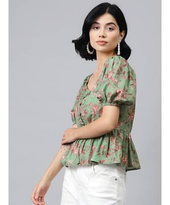 Green Floral Front Button Peplum Top 2