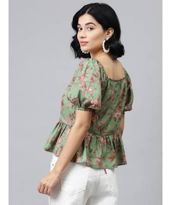 Green Floral Front Button Peplum Top 3
