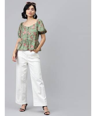 Green Floral Front Button Peplum Top 4
