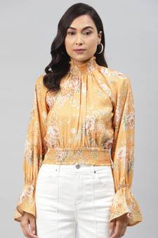 Mustard Floral Smocking Detail Crop Top