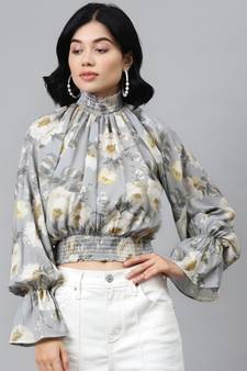Grey Floral Smocking Detail Crop Top
