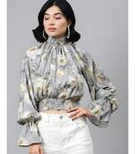 Grey Floral Smocking Detail Crop Top