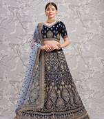 Navy-blue embroidered satin semi stitched lehenga