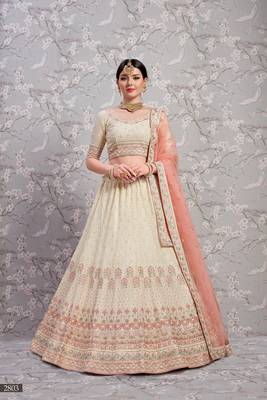 Off-white embroidered georgette semi stitched lehenga 1