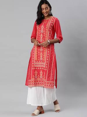 Coral printed cotton embroidered-kurtis 1
