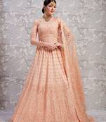 Peach embroidered net semi stitched lehenga