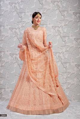 Peach embroidered net semi stitched lehenga 2
