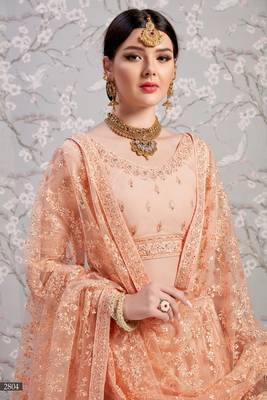 Peach embroidered net semi stitched lehenga 3