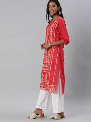 Coral printed cotton embroidered-kurtis 4