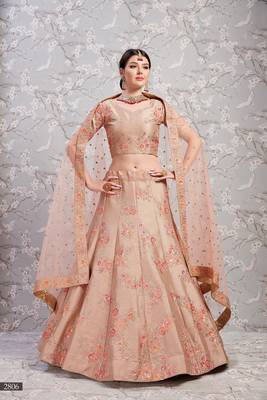 Light-brown embroidered silk semi stitched lehenga 2