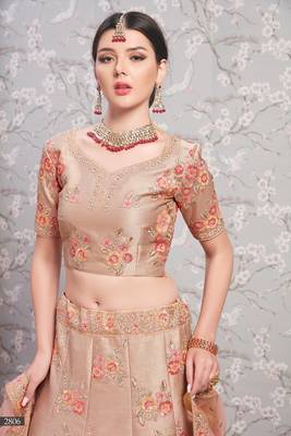 Light-brown embroidered silk semi stitched lehenga 3