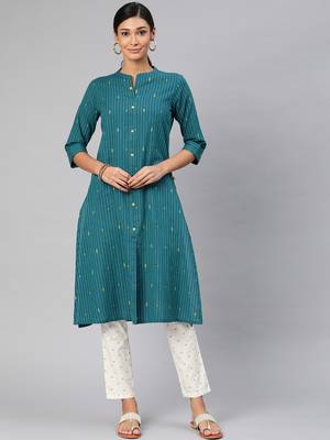Teal woven cotton embroidered-kurtis 1
