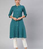 Teal woven cotton embroidered-kurtis