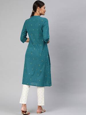 Teal woven cotton embroidered-kurtis 3