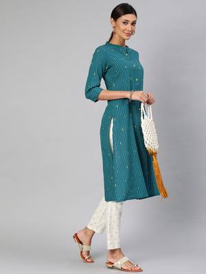 Teal woven cotton embroidered-kurtis 4