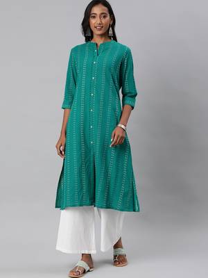 Teal printed cotton embroidered-kurtis 1