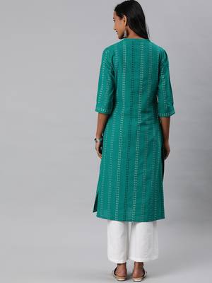 Teal printed cotton embroidered-kurtis 3