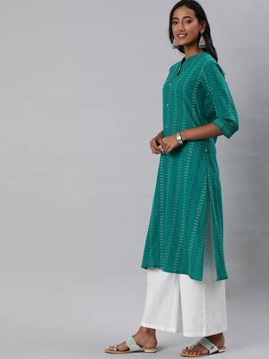 Teal printed cotton embroidered-kurtis 4