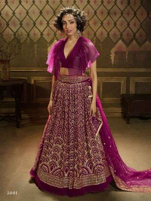 Wine embroidered net semi stitched lehenga 1