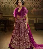 Wine embroidered net semi stitched lehenga
