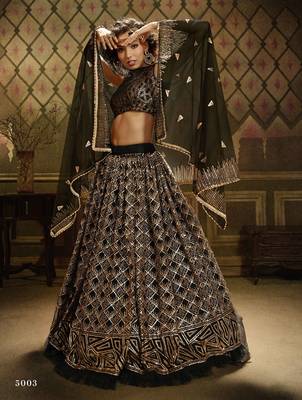 Black embroidered net semi stitched lehenga 1