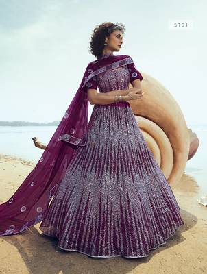 Wine embroidered net semi stitched lehenga 1