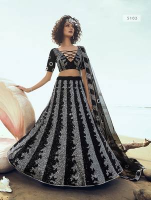 Black embroidered net semi stitched lehenga 1