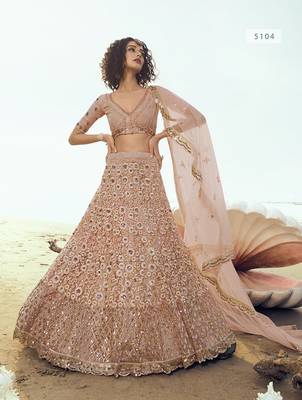 Peach embroidered net semi stitched lehenga 1