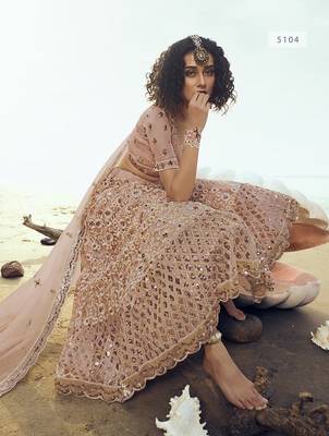 Peach embroidered net semi stitched lehenga 2