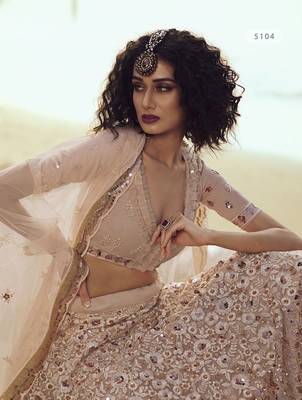 Peach embroidered net semi stitched lehenga 3