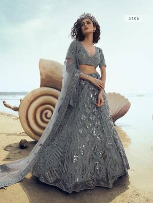 Grey embroidered net semi stitched lehenga 1