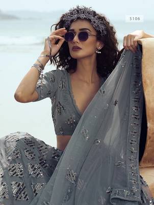 Grey embroidered net semi stitched lehenga 2