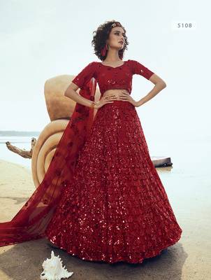 Red embroidered net semi stitched lehenga 1
