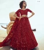 Red embroidered net semi stitched lehenga