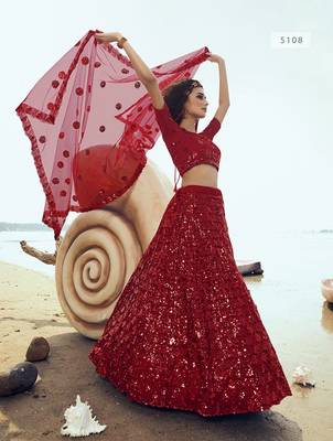 Red embroidered net semi stitched lehenga 2